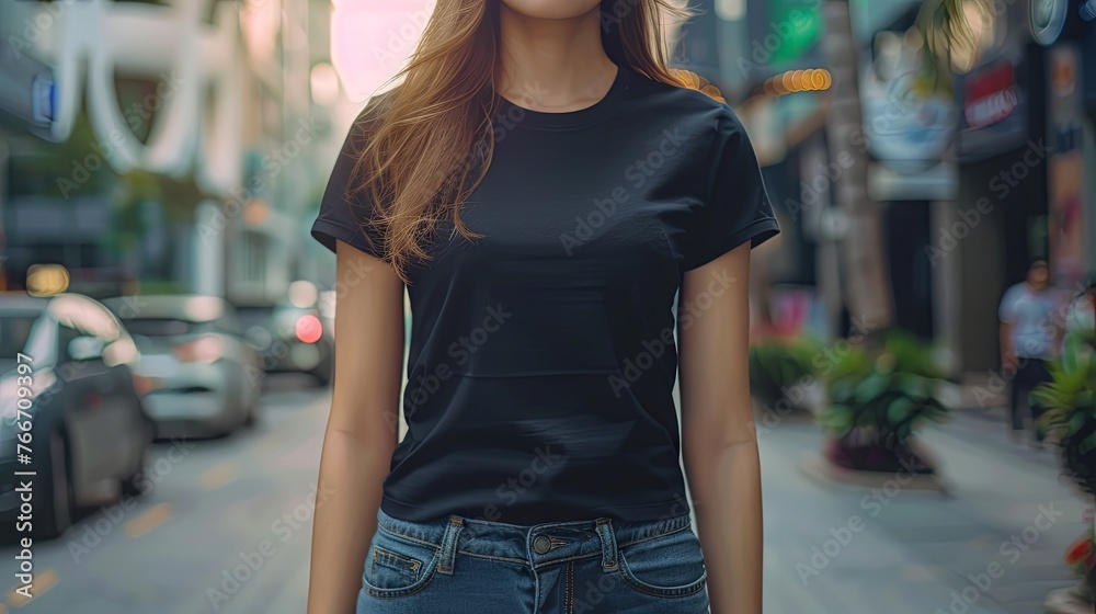 Woman in black empty t-shirt mock up wallpaper background Woman in black empty t-shirt mock up wallpaper background