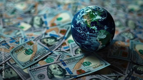 Globe surrounded by flying money on a blurry background - An impactful image of a globe with various currencies flying around, symbolizing global finances and economy