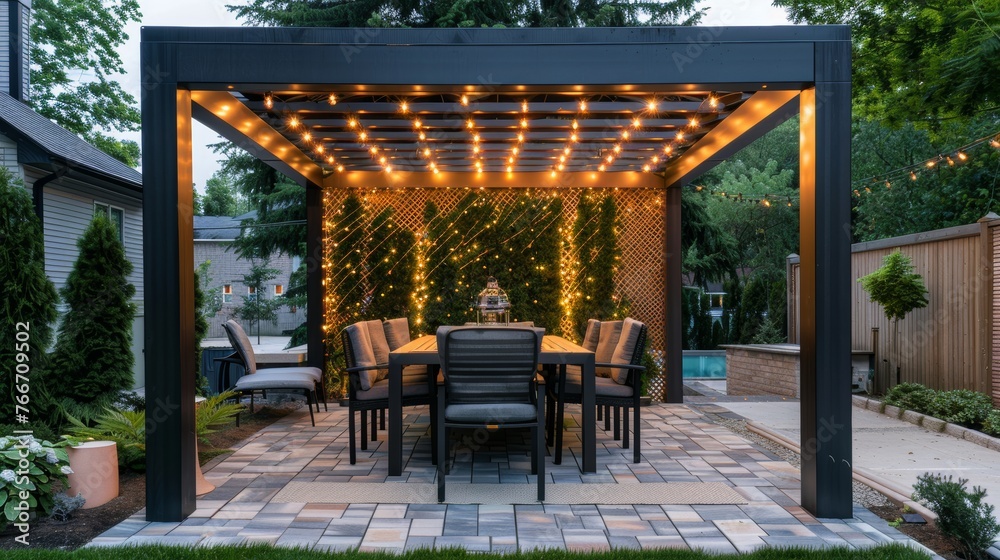 Outdoor dining area with a modern pergola and string lights    AI generated illustration