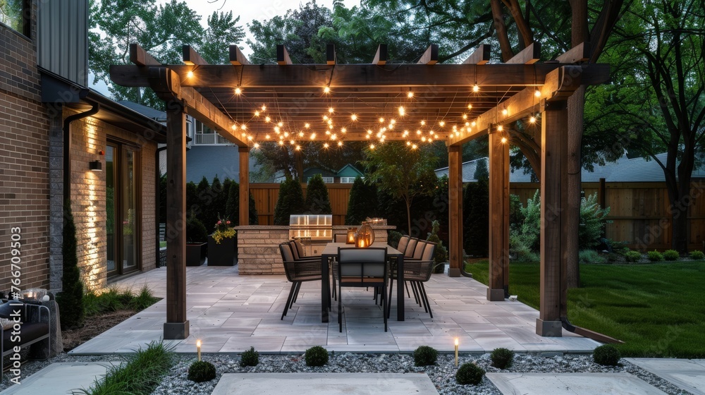Outdoor dining area with a modern pergola and string lights AI generated illustration Outdoor dining area with a modern pergola and string lights AI generated illustration