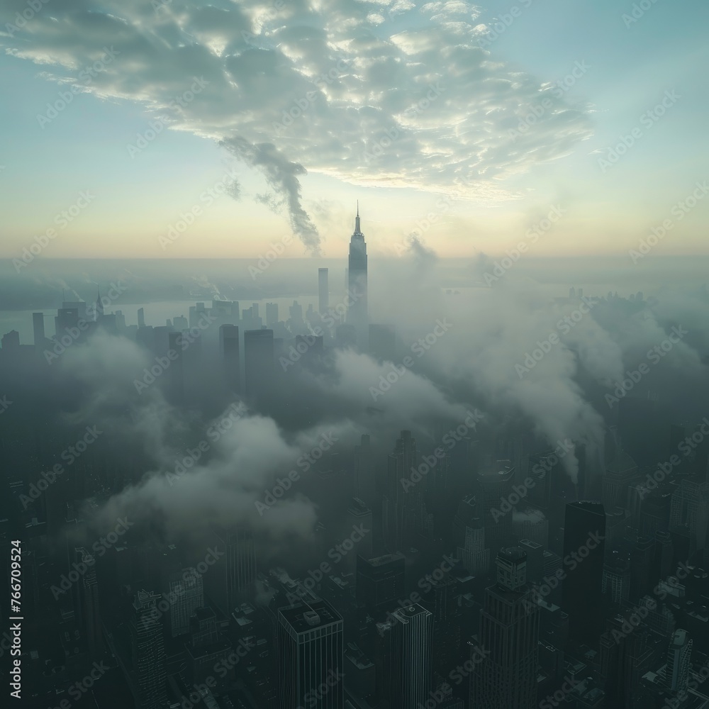 Aerial view of clouds over city skyline at dawn - Dreamy aerial view of clouds gently surrounding a city skyline at dawn, creating a mystical urban scene
