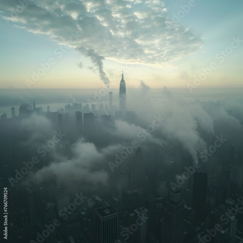 Aerial view of clouds over city skyline at dawn - Dreamy aerial view of clouds gently surrounding a city skyline at dawn, creating a mystical urban scene