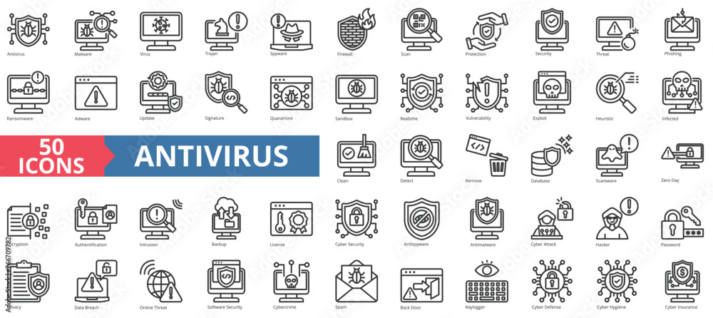 Antivirus icon collection set. Containing malware, security, trojan, spyware, firewall, scan, protection icon. Simple line vector. - obrazy, fototapety, plakaty 