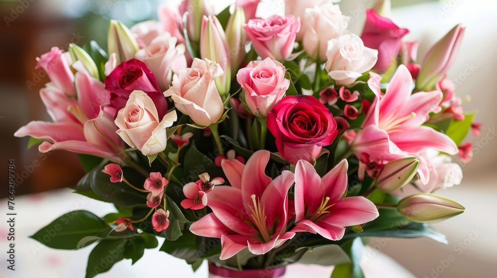 Romantic Gesture Bouquets Professional captures of romantic gesture bouquets featuring long-stemmed roses fragrant lili AI generated illustration Romantic Gesture Bouquets Professional captures of romantic gesture bouquets featuring long-stemmed roses fragrant lili AI generated illustration