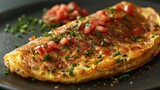 Close-up of cheese omelet with garnish - A tempting close-up image of a perfectly cooked cheese omelet garnished with tomatoes and chives on a dark plate