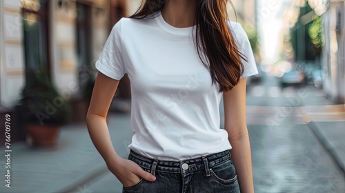 Woman in white empty t-shirt mock up wallpaper background © Irina