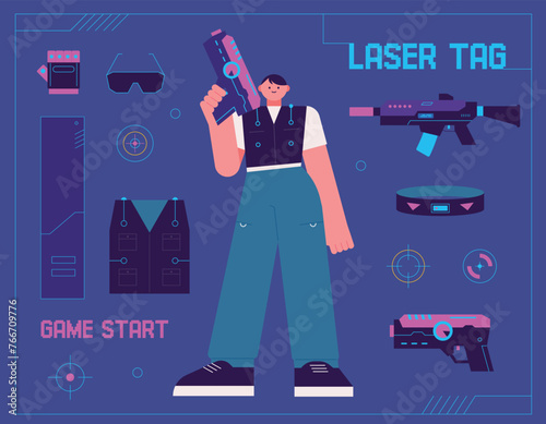 Laser tag indoor survival game. A set of Freyr holding a laser gun and combat equipment. flat vector illustration.