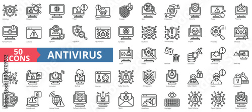 Antivirus icon collection set. Containing malware, security, trojan, spyware, firewall, scan, protection icon. Simple line vector. photo