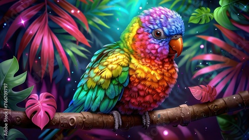 Colorful parrot in a vibrant jungle setting - An illustrative creation of a vividly colored parrot perched in a lush, fantastical jungle full of life