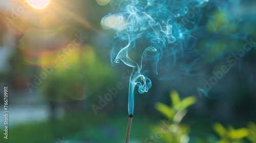 Smoke spiraling up from an incense stick    AI generated illustration photo