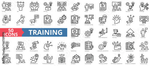Training architecture icon collection set. Containing development, learning, workshop, coach, mentor, curriculum, seminar icon. Simple line vector.