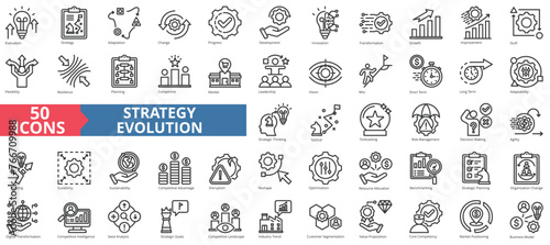 Strategy evolution icon collection set. Containing growth, transformation, adaptation, change, progress, development, innovation icon. Simple line vector. photo