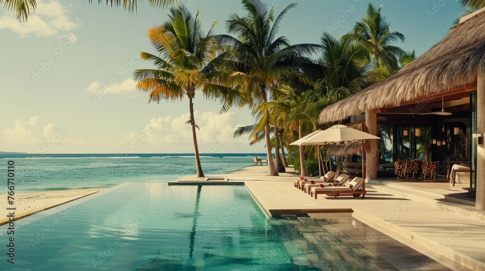 Tropical Getaways Cinematic captures of tropical properties and beachfront villas showcasing palm-fringed beaches cryst AI generated illustration