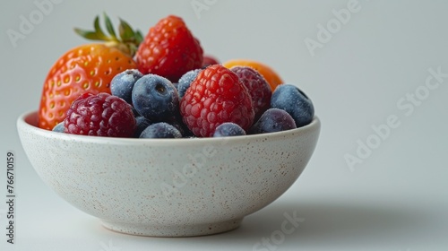 A bowl of assorted berries in a white ceramic dish  AI