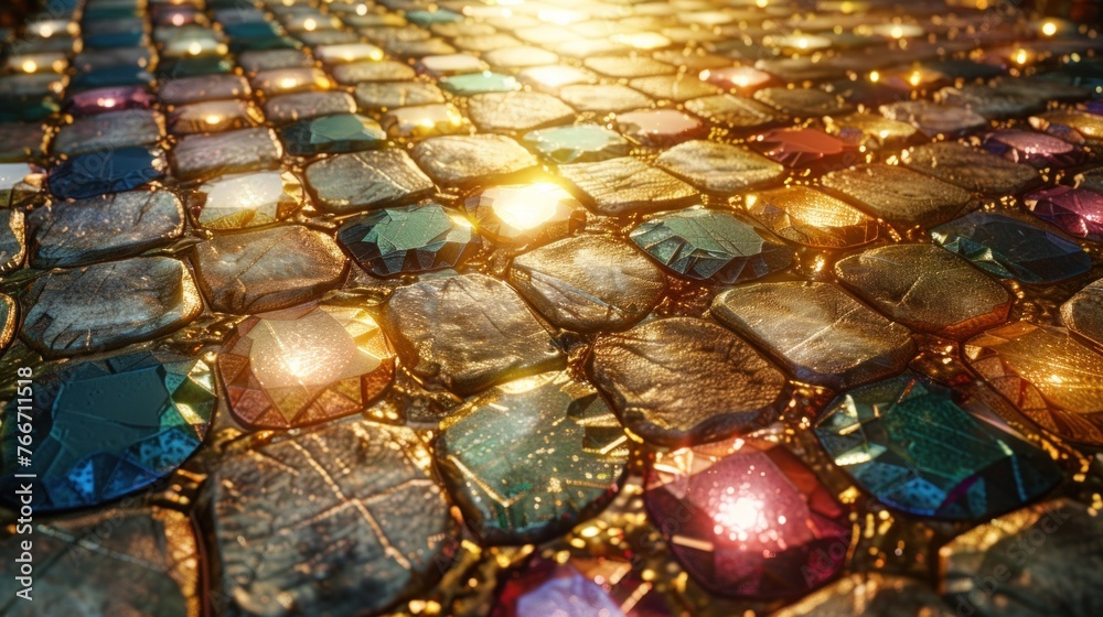 top view,rich floor background wallpaper, floor of gold, strewn with wealth, crystal floor, stone floor, the road of success of the wealth of stones tiles jewels - obrazy, fototapety, plakaty 