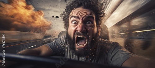 A man with a beard is driving a car with his jaw dropped in surprise, resembling a fictional character in an action film. The darkness of his car contrasts with his wide grin and expressive gestures