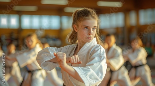 Woman practicing Taekwondo with hight spin kick and Lightning effect. On a black studio background,copy space. 