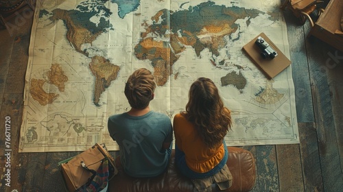 top view,Young couple planning vacation trip with map. Top view. 