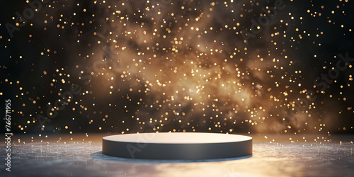 white podium pedestal, starry background with golden glow, generative AI