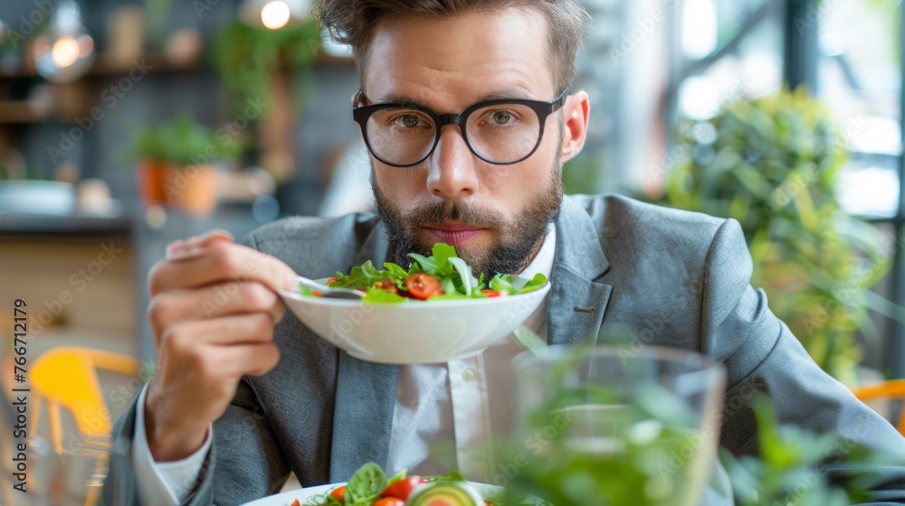A man with glasses eating a salad in front of the camera, AI