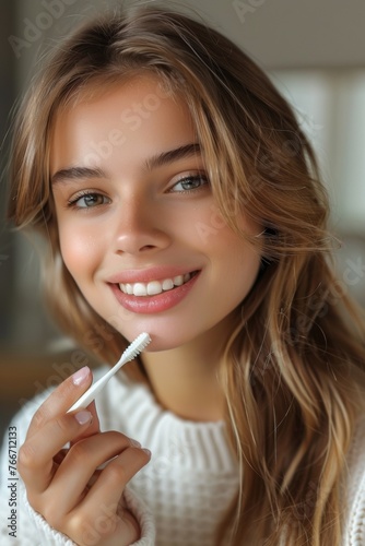 A woman in white sweater brushing her teeth with a toothbrush  AI
