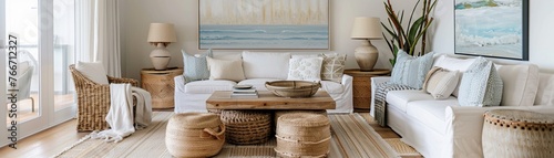 Modern coastal living room with a soft color palette, natural textures, and oceaninspired decor photo