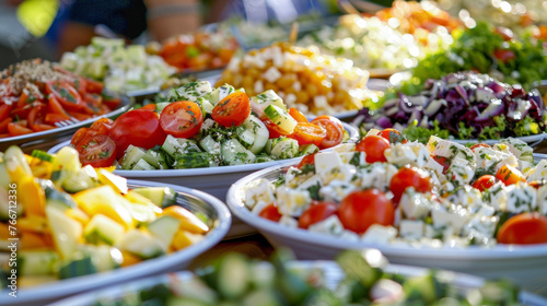 A close up of a colorful array of homemade salads including Greek salad caprese salad and potato salad at a picnic celebrating different cultural cuisines. © Justlight