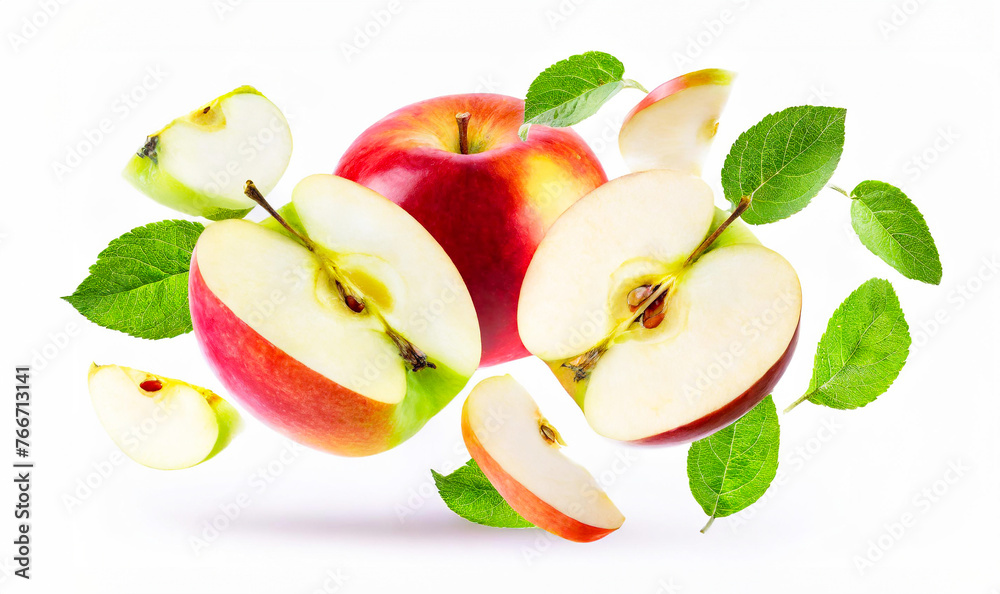Naklejka premium Apples with half slices apples falling or flying in the air with green leaves isolated on white background. Generative AI
