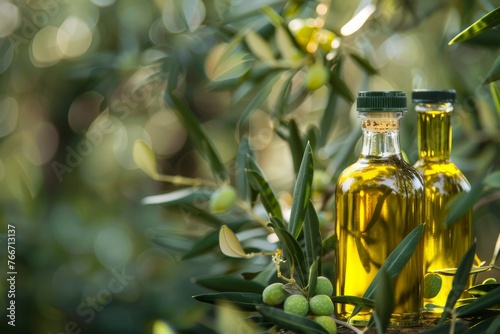 Olive oil in bottles with olives on branches