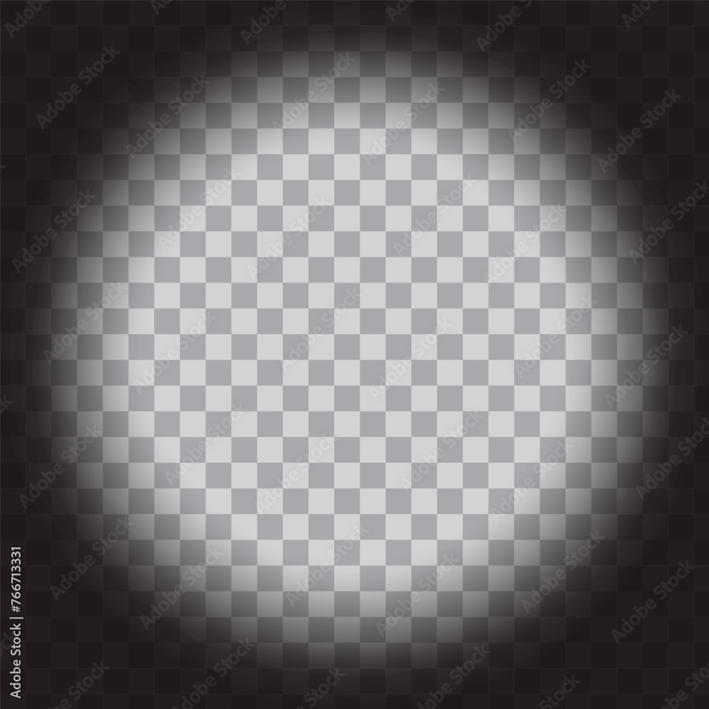 Soft light radial gradient. Transparent vignette overlay. Circular fade background. Vector spotlight effect. Vector illustration. EPS 10.