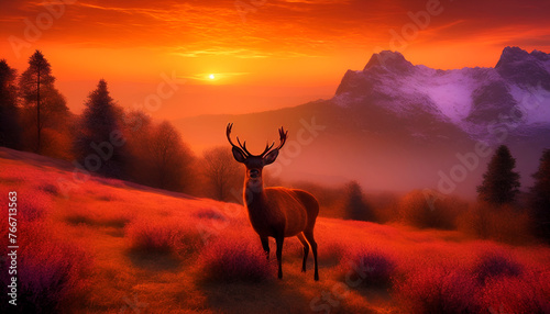 landscape with a deer in the sunset or sunrise, Wall Art for Home Decor, Wallpaper and Background for Mobile Cell Phone, Smartphone, Cellphone, desktop, laptop, Computer, Tablet