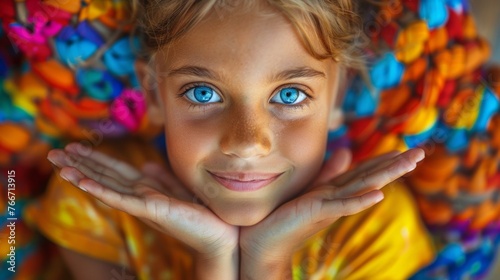 A close up of a young girl with blue eyes and curly hair, AI