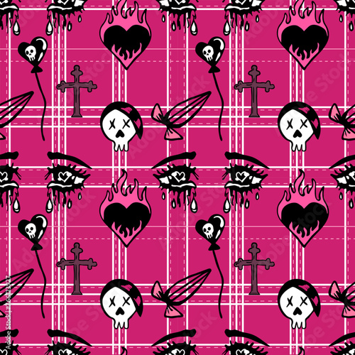 Emo seamless pattern with tartan background. Sad eyes, emo boy, skull, hearts backdrop in black and pink colors.