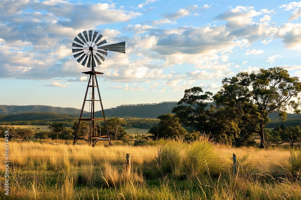 Traditional wooden windmill standing tall in a rural landscape.