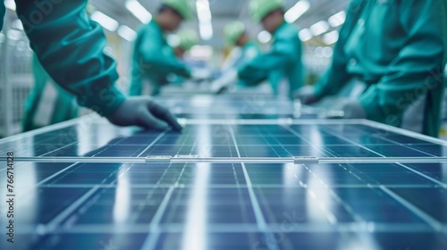 In a bright and airy factory a team of employees in matching green uniforms are meticulously building solar panels from scratch carefully . AI generation.