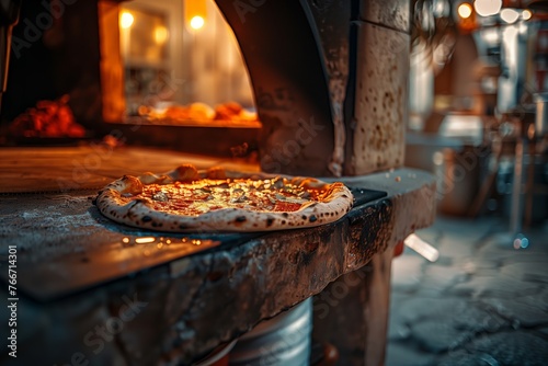 A freshly baked artisanal pizza with golden-brown melted cheese and a variety of toppings sits on the edge of a rustic brick oven. 