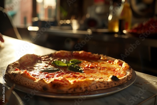 Margherita pizza, spotlighting the golden mozzarella cheese melting over a bed of rich tomato sauce. Accents of vibrant green basil leaves sit atop, contrasting with the red sauce.