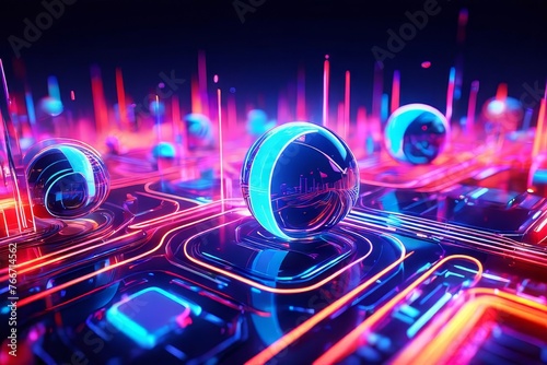 Futuristic computer generated abstract shapes in neon color photo