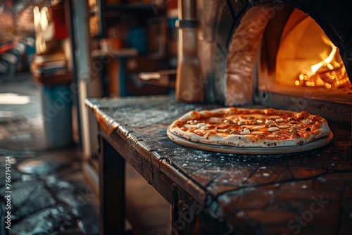 A freshly baked artisanal pizza with golden-brown melted cheese and a variety of toppings sits on the edge of a rustic brick oven. 