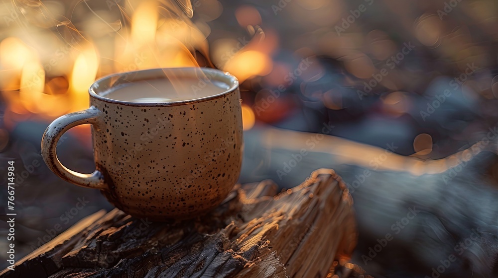 Two cup of tea coffee mug standing front of bonfire wallpaper background - obrazy, fototapety, plakaty 