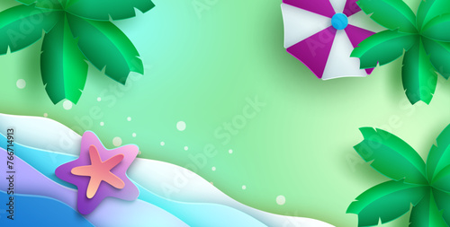 A top view illustration in paper cut style of a summer beach scene with palm trees casting shadows on soft sand, a colorful beach umbrella, and a starfish. Vector Illustration.