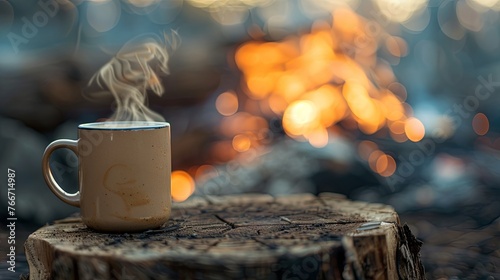 Two cup of tea coffee mug standing front of bonfire wallpaper background photo