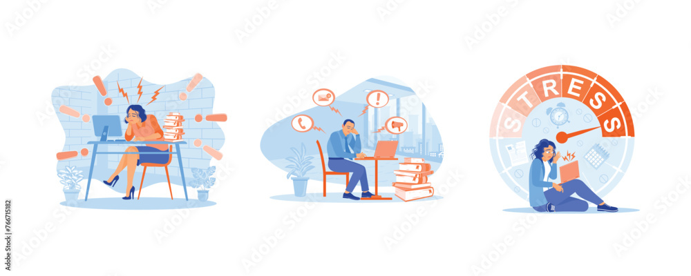 People with sad face. Stressed man in front of computer. Tired and frustrated due to excessive work. Stress concept. Set flat vector illustration.