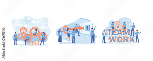 Communicate with each other and exchange ideas. Key to success. Business teamwork. Teamwork concept. Set flat vector illustration.