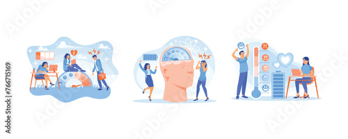 People are in a bad mood. A female employee who is stressed because she is tired at work. Good mood indicator. Stress concept. Set flat vector illustration.
