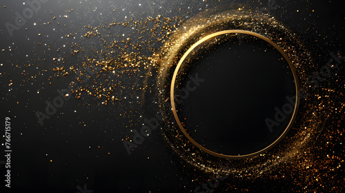 A circular golden sparkly element in the center of the image, with a dark background and speckles of light in various shades of gold.