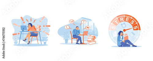 People with sad face. Stressed man in front of computer. Tired and frustrated due to excessive work. Stress concept. Set flat vector illustration.