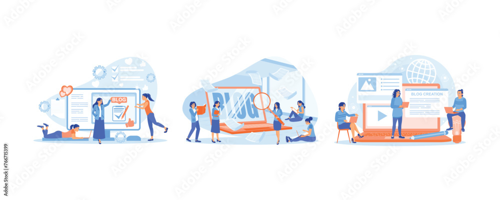 Woman creates web page. People create educational content on social media. Blog writers write articles. Blog concept. Set flat vector illustration.