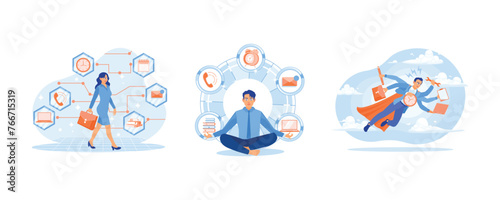 Busy with lots of work at the office. Relax from the office work. Doing a lot of work on time. Multitasking concept. Set flat vector illustration.