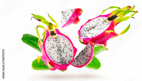 dragonfruits with half slices dragon fruit falling or flying in the air with green leaves isolated on white background. Generative AI